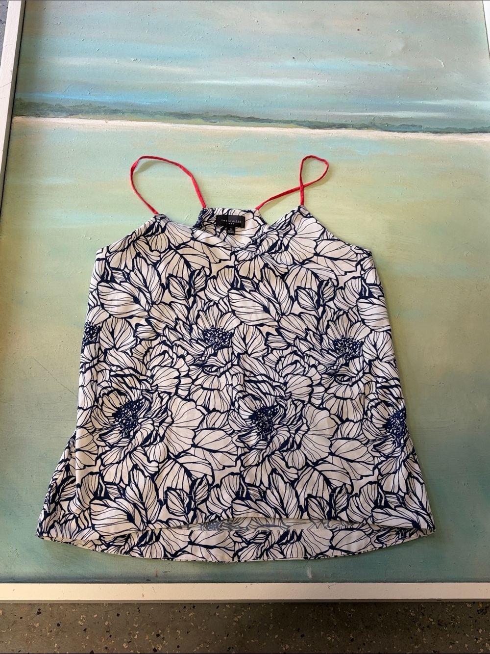 The Limited Navy Floral White Camisole with Pink Straps